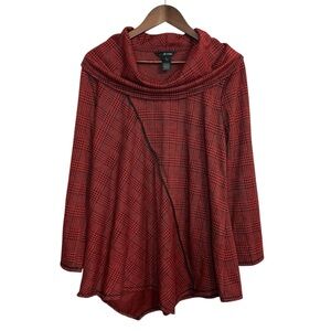 Ali Miles blouse womens large red houndstooth cowl neck roll tab artsy lagenlook